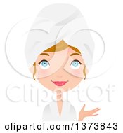 Poster, Art Print Of Blue Eyed Blond White Girl Presenting And Wearing A Spa Robe And Towel On Her Head