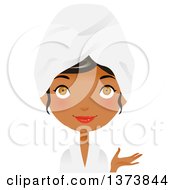 Clipart Of A Hazel Eyed Black Girl Presenting And Wearing A Spa Robe And Towel On Her Head Royalty Free Vector Illustration by Melisende Vector