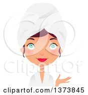 Clipart Of A Green Eyed Brunette White Girl Presenting And Wearing A Spa Robe And Towel On Her Head Royalty Free Vector Illustration by Melisende Vector