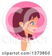 Beautiful Blue Eyed Red Haired White Girl With Short Hair Facing Right In Profile Over A Pink Circle