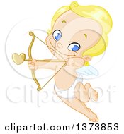 Poster, Art Print Of Grinning Blue Eyed Blond Baby Cupid Flying And Aiming An Arrow