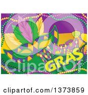 Purple Yellow And Green Mardi Gras Flag Background With A Mask Text And Beads