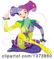 Mardi Gras Jester Woman Sitting And Holding Up A Finger