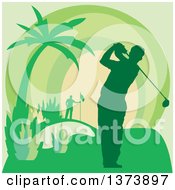 Poster, Art Print Of Green Silhouetted Male Golfer Swining On A Course With A Palm Tree And Sunset
