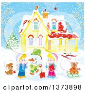 Poster, Art Print Of Blond Caucasian Children Making A Snowman In The Front Yard Of A Home On A Winter Day