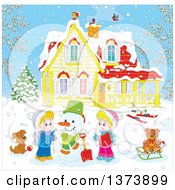 Blond White Children Making A Snowman In The Front Yard Of A Home On A Winter Day