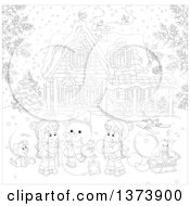 Poster, Art Print Of Black And White Children Making A Snowman In The Front Yard Of A Home On A Winter Day