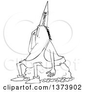 Cartoon Clipart Of A Black And White Dumb Caveman Wearing A Dunce Hat And Sitting On A Boulder Royalty Free Vector Illustration