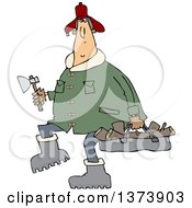 Chubby White Man In A Winter Coat And Hat Walking And Carrying Firewood And An Axe