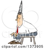 Cartoon Clipart Of A Chubby White Business Man Wearing A Dunce Hat And Sitting On A Stool Royalty Free Vector Illustration