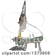 Cartoon Clipart Of A Chubby Black Business Man Wearing A Dunce Hat And Sitting On A Stool Royalty Free Vector Illustration
