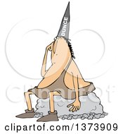 Cartoon Clipart Of A Dumb Caveman Wearing A Dunce Hat And Sitting On A Boulder Royalty Free Vector Illustration