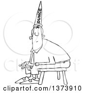 Cartoon Clipart Of A Black And White Chubby Business Man Wearing A Dunce Hat And Sitting On A Stool Royalty Free Vector Illustration