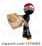 Orange Man Ninja Holding A Box On A White Background