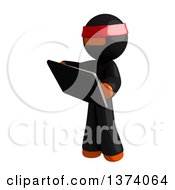 Poster, Art Print Of Orange Man Ninja Using A Tablet Computer On A White Background