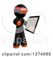 Poster, Art Print Of Orange Man Ninja Using A Tablet Computer On A White Background