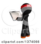 Orange Man Ninja Using A Tablet Computer On A White Background