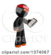 Poster, Art Print Of Orange Man Ninja Using A Smart Phone On A White Background