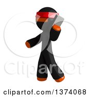 Orange Man Ninja Talking On A Smart Phone On A White Background