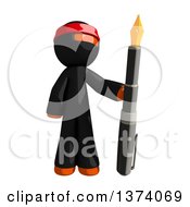 Poster, Art Print Of Orange Man Ninja Holding A Fountain Pen On A White Background