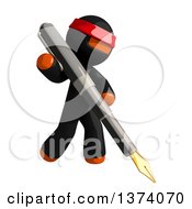 Poster, Art Print Of Orange Man Ninja Writing With A Fountain Pen On A White Background