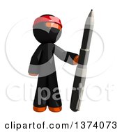 Poster, Art Print Of Orange Man Ninja Holding A Pen On A White Background