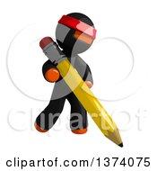 Orange Man Ninja Using A Pencil On A White Background