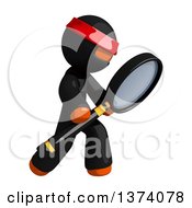 Orange Man Ninja Searching With A Magnifying Glass On A White Background