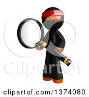 Orange Man Ninja Searching With A Magnifying Glass On A White Background