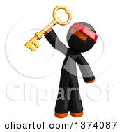 Poster, Art Print Of Orange Man Ninja Holding Up A Key On A White Background