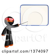 Poster, Art Print Of Orange Man Ninja Pointing To A White Board On A White Background