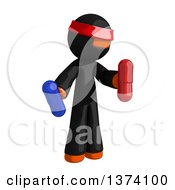 Orange Man Ninja Holding Blue And Red Pill Capsules On A White Background