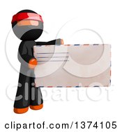 Orange Man Ninja Holding An Envelope On A White Background