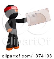 Orange Man Ninja Holding An Envelope On A White Background
