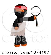Poster, Art Print Of Orange Man Ninja Holding An Envelope And Magnifying Glass On A White Background