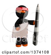 Orange Man Ninja Holding An Envelope And Pen On A White Background
