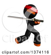 Poster, Art Print Of Orange Man Ninja Using A Katana Sword On A White Background