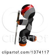 Poster, Art Print Of Orange Man Ninja Holding A Katana Sword On A White Background