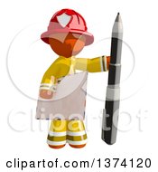 Poster, Art Print Of Orange Man Firefighter Holding An Envelope And Pen On A White Background