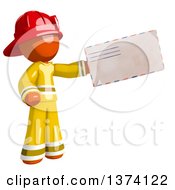 Poster, Art Print Of Orange Man Firefighter Holding An Envelope On A White Background