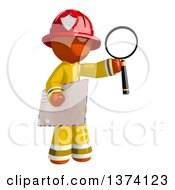 Poster, Art Print Of Orange Man Firefighter Holding An Envelope And Magnifying Glass On A White Background