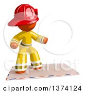 Orange Man Firefighter Surfing On An Envelope On A White Background