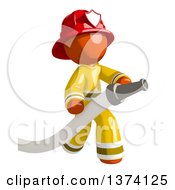 Poster, Art Print Of Orange Man Firefighter Holding A Hose On A White Background