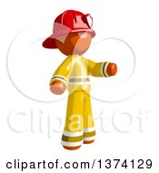 Poster, Art Print Of Orange Man Firefighter Presenting To The Right On A White Background