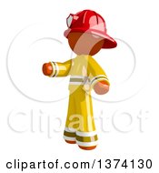 Poster, Art Print Of Orange Man Firefighter Presenting To The Left On A White Background