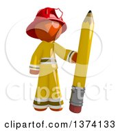 Orange Man Firefighter Holding A Pencil On A White Background