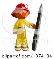 Poster, Art Print Of Orange Man Firefighter Holding A Pen On A White Background