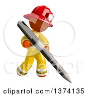 Orange Man Firefighter Writing With A Pen On A White Background