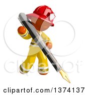 Orange Man Firefighter Writing With A Fountain Pen On A White Background
