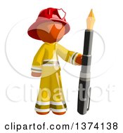 Poster, Art Print Of Orange Man Firefighter Holding A Fountain Pen On A White Background